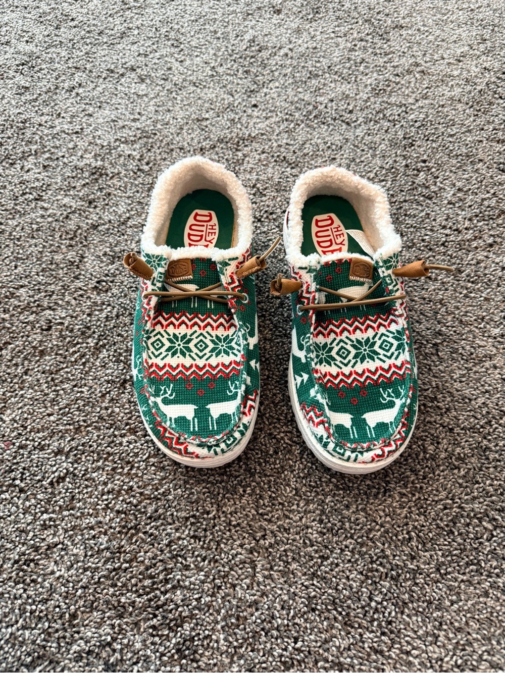 NEW - Size 7W - Hey Dude Festive Knit Slip-Ons in Green, Red & White